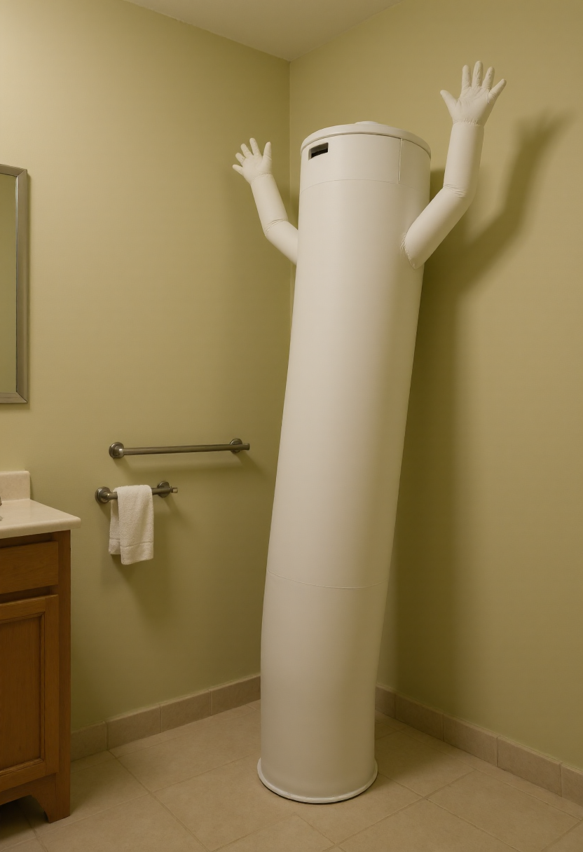 <lora:Wacky_Waving_Inflatable_Arm_Flux_Man-000009:1> 
The image is a photograph of a very tall, inflatable toilet with wavy raised arms standing in a bathroom setting.
