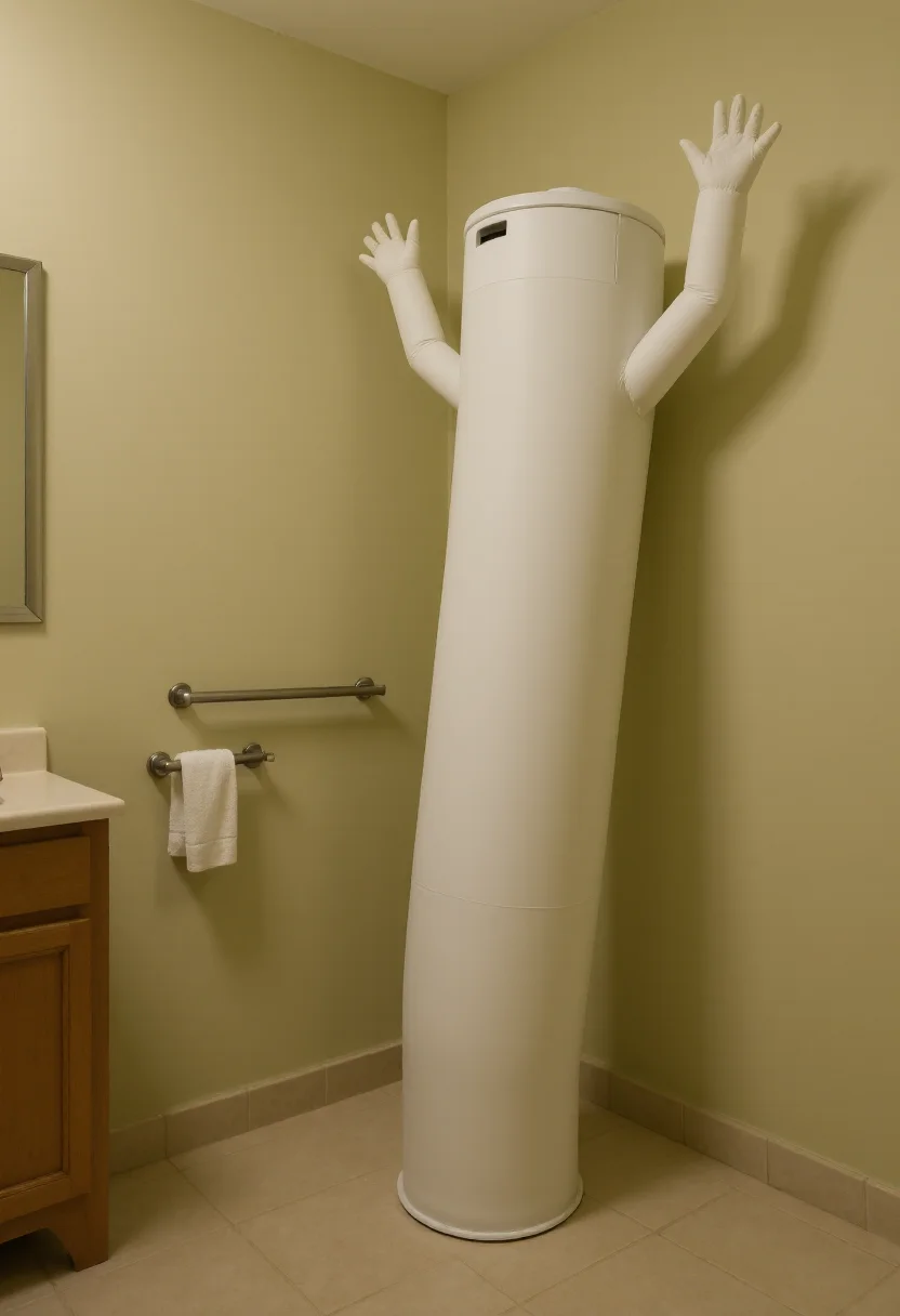 <lora:Wacky_Waving_Inflatable_Arm_Flux_Man-000009:1>
The image is a photograph of a very tall, inflatable toilet with wavy raised arms standing in a bathroom setting.