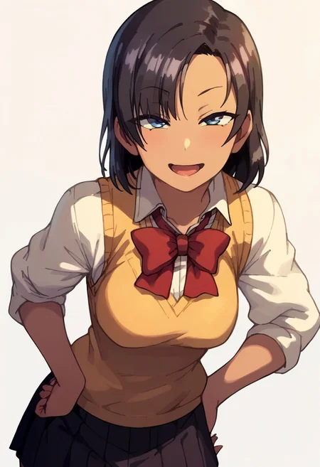 score_9, score_8_up, score_7_up, score_6_up, source_cartoon, 1girl, solo,
,medium breast, sexy hips ,
SaeHinata,1girl,black hair,medium hair,blue eyes,tan, 
sweater_vest,red bowtie,sleeves rolled up, pleated_skirt,
 upper body, close up, blank background, 
leaning forward, smug, open mouth, hands on hips, looking at viewer, half body