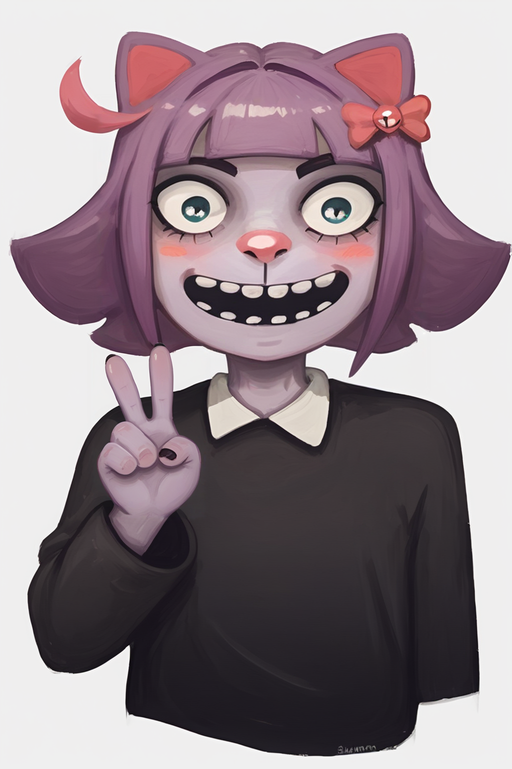 score_9, score_8_up, score_7_up, score_6_up, sfw, 1girl, solo,  <lora:lozhkin_pony:0.8> lozhkin, open mouth, big smile, accurate teeth with gaps, smile, V, blush,
masunya, masyunya (vkontakte), masyunya /(vkontakte/), cat ears, purple skin color, hair bow, (purple hair color:1.1), <lora:masunya-masyunya_ponyXL_v1:0.8>