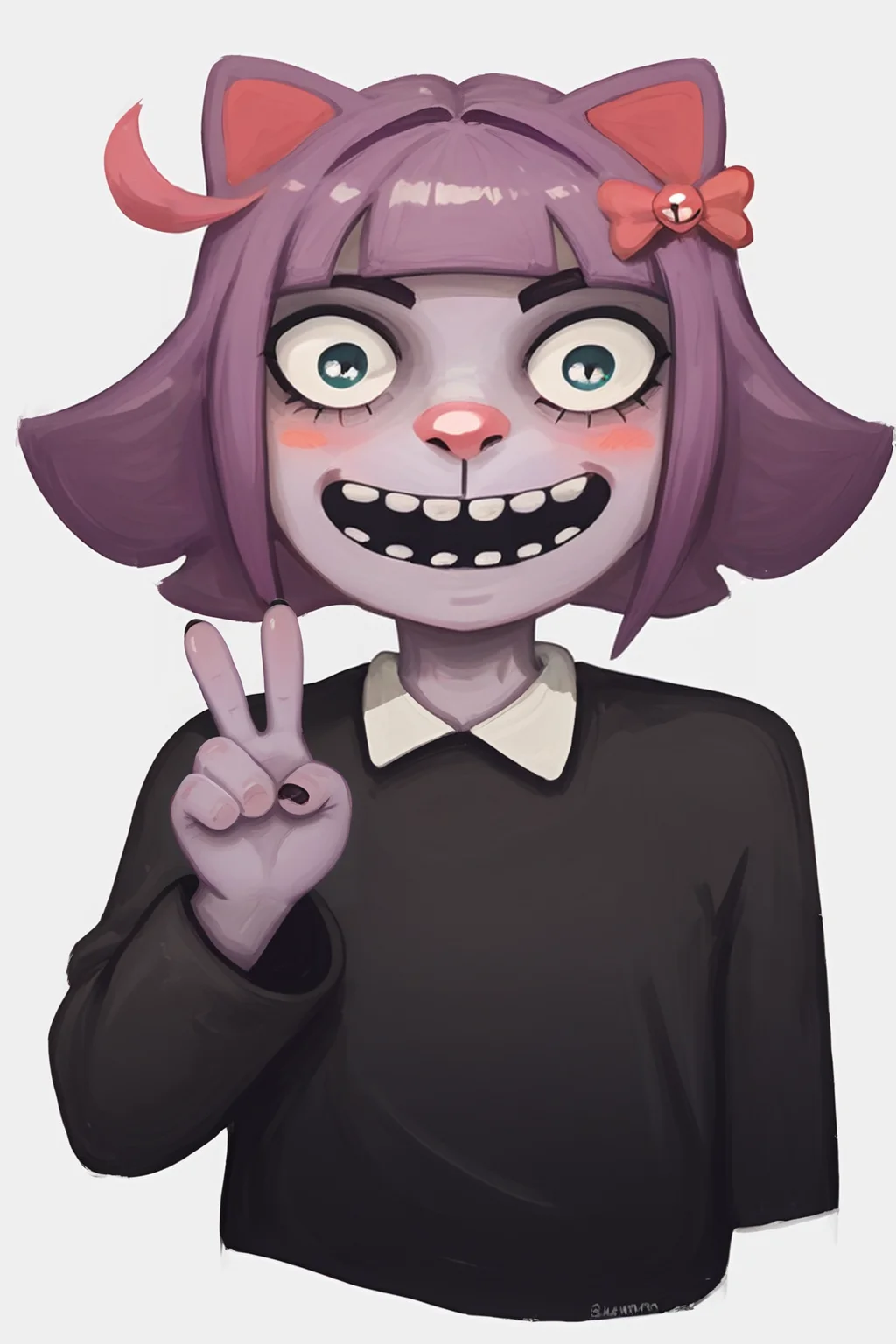 score_9, score_8_up, score_7_up, score_6_up, sfw, 1girl, solo, <lora:lozhkin_pony:0.8> lozhkin, open mouth, big smile, accurate teeth with gaps, smile, V, blush,
masunya, masyunya (vkontakte), masyunya /(vkontakte/), cat ears, purple skin color, hair bow, (purple hair color:1.1), <lora:masunya-masyunya_ponyXL_v1:0.8>