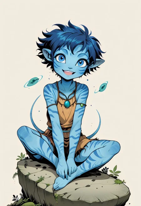 (masterpiece, best quality, detailed:1.25),
full-body by (Alessandro Gottardo:0.75) and (Wendy Froud:0.25),
front logo of a (joyful young female Avatar navi alien with blue skin:1.36) sitting on mossy stone,
sharper, clean lines, outline, muted colors, minimum details