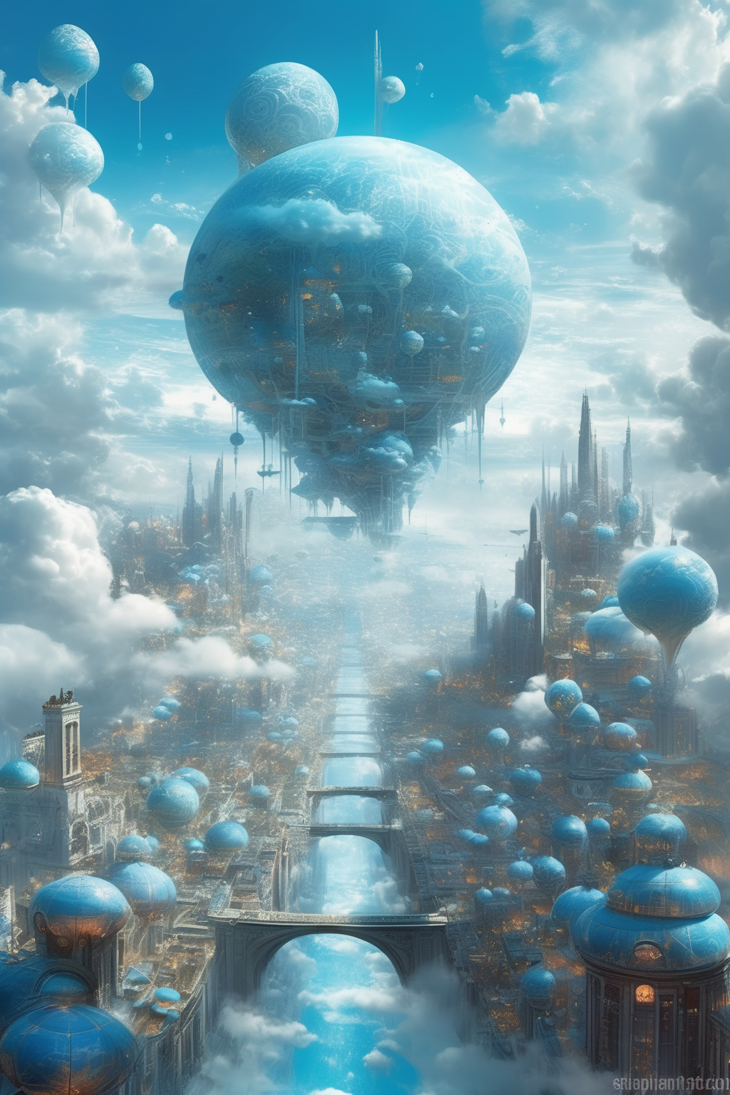 <lora:Stephan Martiniere Style:1>Stephan Martiniere Style - Cosy cloud blue 8 fantasy mist filled city design