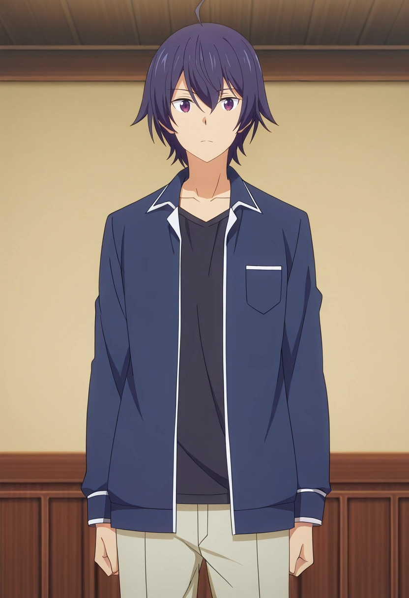 masterpiece, best quality, anime screencap, official style, anime coloring, cowboy shot, 1boy, solo, male focus, <lora:shin_wolford_ilxl:0.98>, shin_wolford, purple hair, purple eyes, short hair, ahoge, hair between eyes, ,