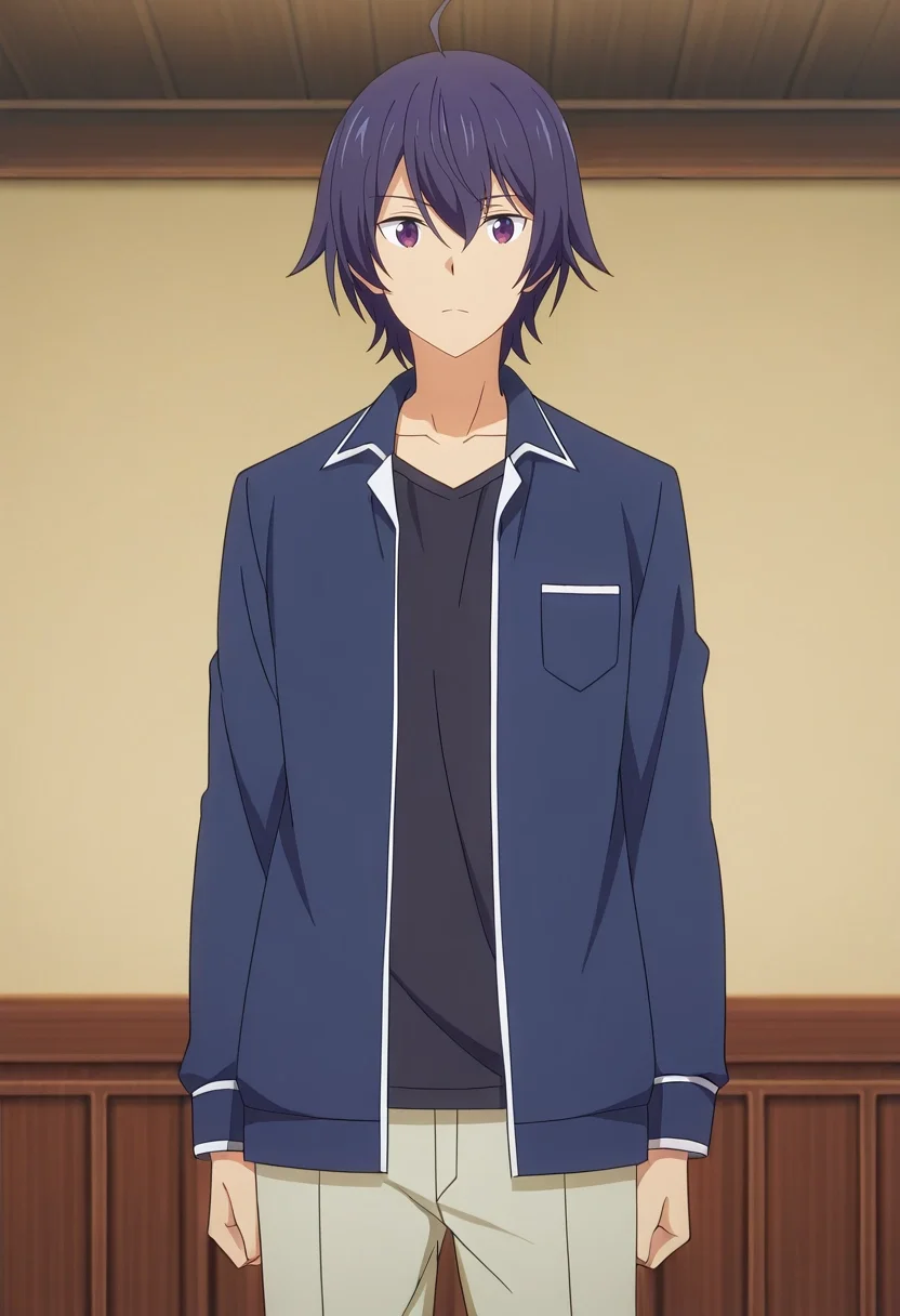 masterpiece, best quality, anime screencap, official style, anime coloring, cowboy shot, 1boy, solo, male focus, <lora:shin_wolford_ilxl:0.98>, shin_wolford, purple hair, purple eyes, short hair, ahoge, hair between eyes, ,