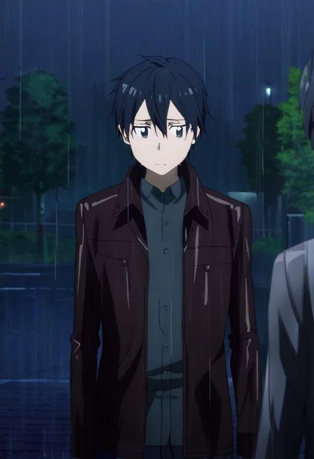 high resolution, professional photography, best quality, 1Boy, Kazuto Kirigaya, Black Hair, Black Eyes, heavy rain, downtown, night, looking down, sad, leather jacket, looking away, OverallDetail