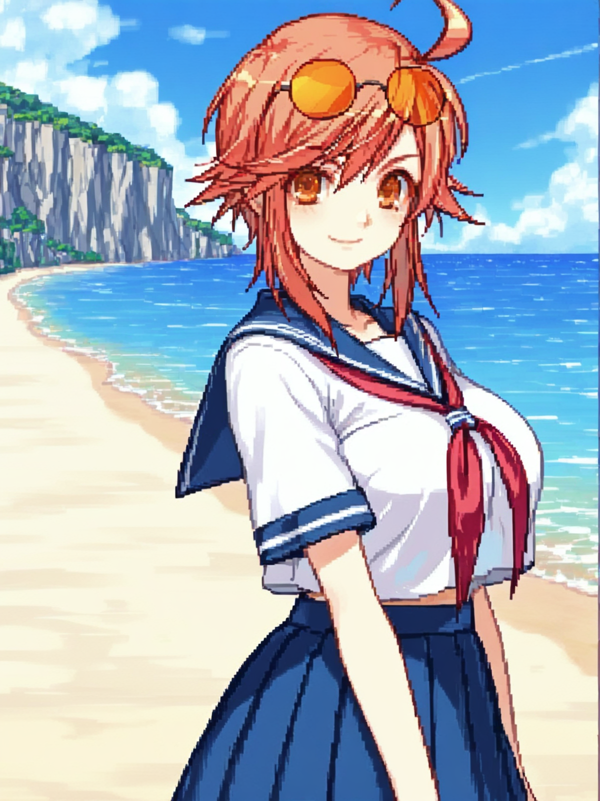 smile, score_9, score_8_up,  score_8, score_7_up, BREAK,
((8k, best quality,masterpiece:1.2)),source_anime,perfect face, perfect eyes,((extremely detailed eyes,extremely detailed face:1.0)),
1girl,huge breasts,  huge ass,standing,
shiny skin,looking at viewer, 
asagiri_shizuku_3, asagiri_shizuku,brown hair, ahoge, sunglasses,short hair, brown eyes,
school uniform, serafuku, skirt, 
in the beach,
 <lora:asagiri_shizuku_il_v1:0.8>