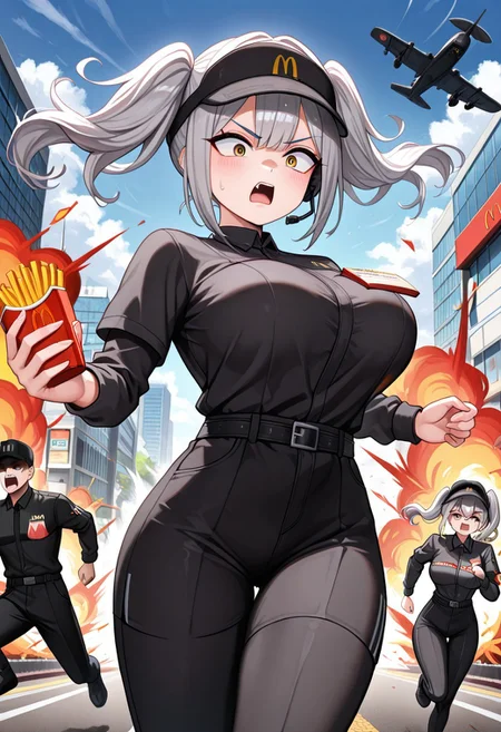 masterpiece, best quality,
belorta, twintails, short hair, gray hair, big breast, yellow eyes, shaded face, scared,
mac, McDonald's uniform, black uniform, black hat, headset, holding hamburgers, angry mob, running, explosion in background, building on fire, fighter plane in background, cloudy skies, motion blur, dynamic pose, running pose, holding french fries, black pants,