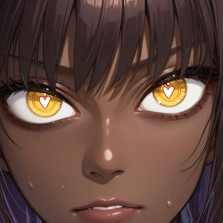 source_anime, score_9,score_8_up, score_7_up,score_6_up, (karin\(blue archive\):0.9), anime style,eyedetailxl, bettereyes, detailed_eyes, Eye Level, extreme_close-up, BREAK, 1woman, Karin, dark-skinned_female, brown skin, (yellow eyes), (heart-shaped_pupils), symbol-shaped_pupils, halo,