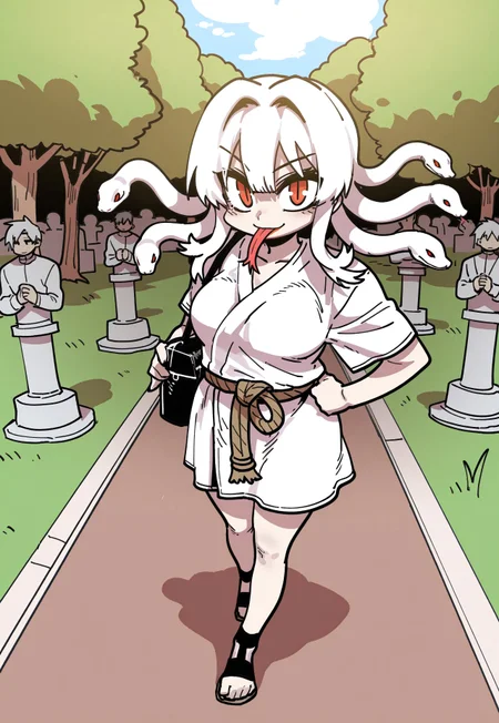parkgee, masterpiece, best quality, absurdres, highres, highly detailed, dynamic action scene, extreme perspective, chibi_style, 1girl, solo, woman with snake hair, orange-red eyes, slit pupils, pale skin, red lips, cute smile, forked tongue, medium breasts, Greek toga with rope belt and sandals, hand on hip, eye focus, looking at viewer, in a garden of statues