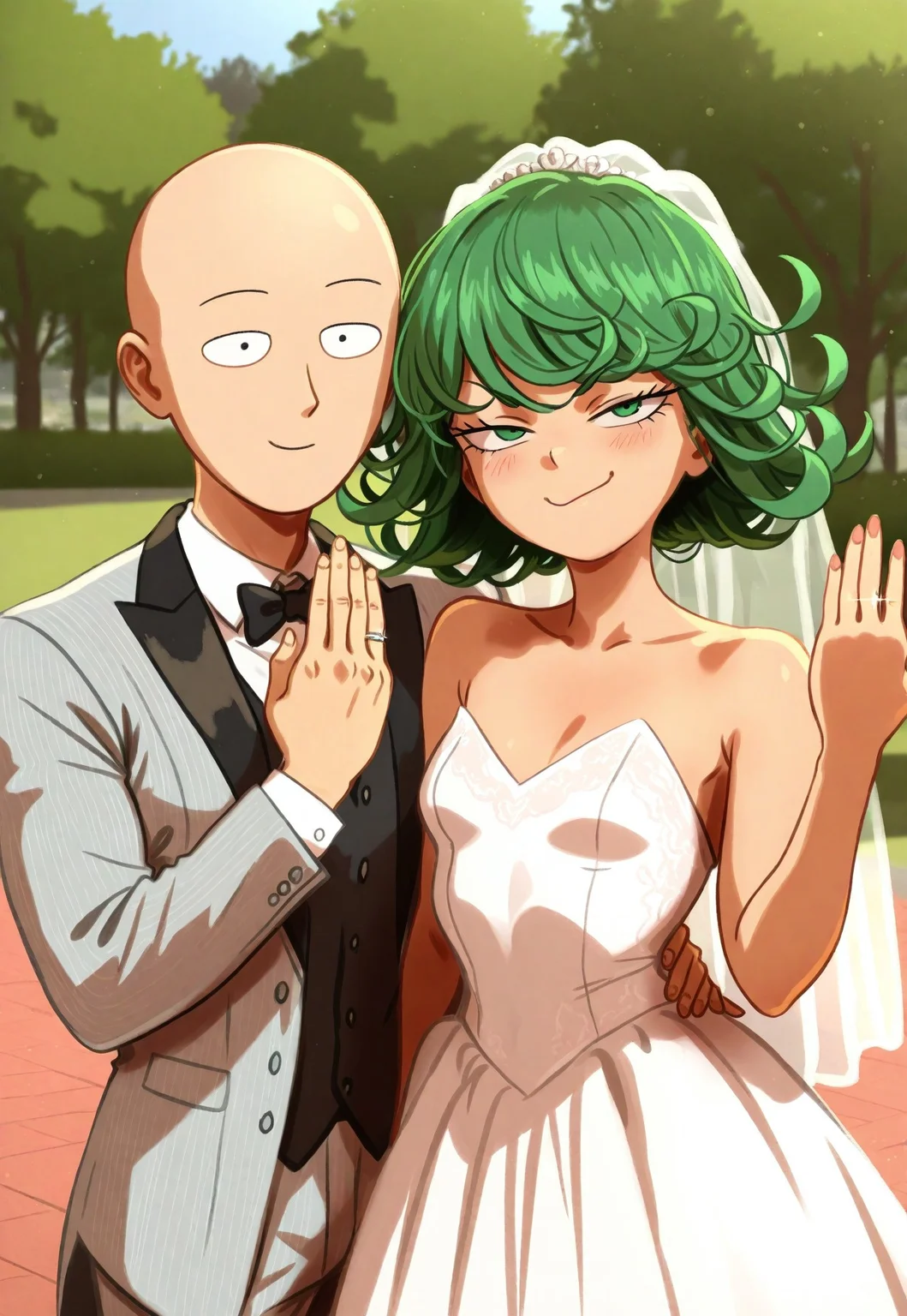 safe_pos, masterpiece, best quality, newest, highres, absurdres, 1girl, tatsumaki, green hair, smug, wedding dress, kyubiwa, wedding ring, jewelry, hand up, small breasts, park, khyle, (saitama, classic suit, poker face)