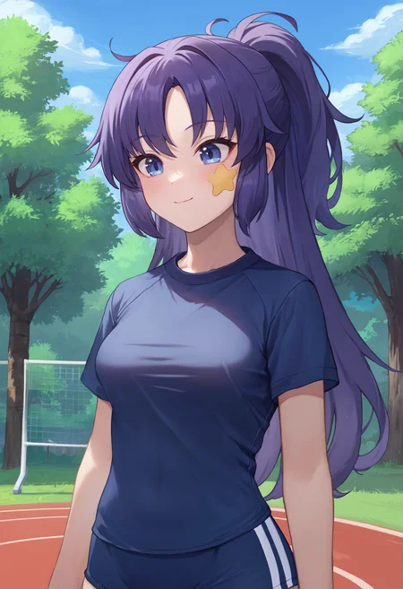 zPDXL, 1girl, solo, BREAK
hayase yuuka, ponytail, gym uniform, sticker on face,
cowboy shot,
outdoors, tree, blue sky,
<lora:yuuka-ponyxl-kohya3:0.8>