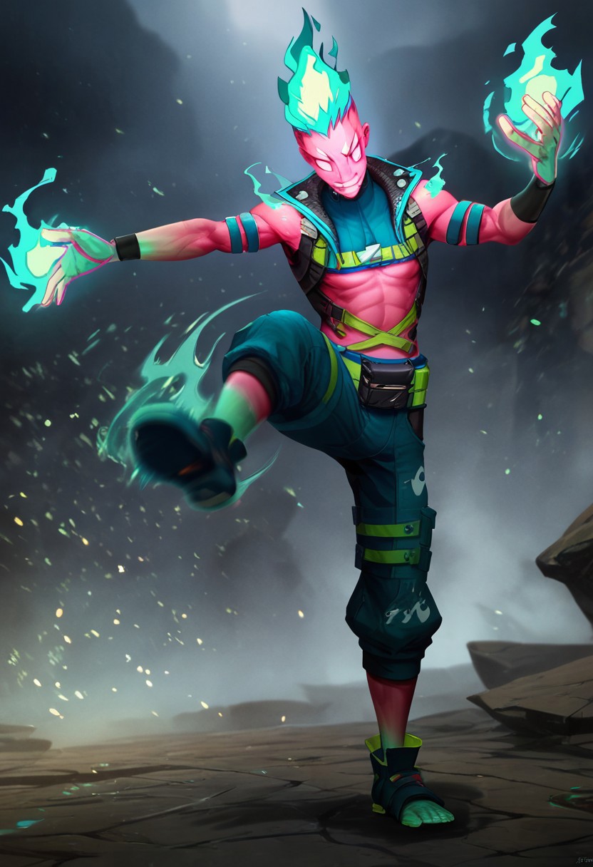 score_7_up, score_8_up, solo male, full body, 2d, dramatic, cinematic, (motion blur:1.2)
BREAK, 
sdbrand, pink skin,  blue hands, blue fiery hair, glowing, empty eyes, 
(kicking:1.2), ((blue flames swirling)) around body, glowing embers particles in foreground,