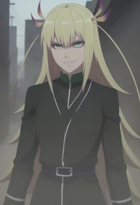 <lora:SlimesKanonIsui:1>, slimes_kanonisui, woman, solo, green eyes, alley background, evil smirk