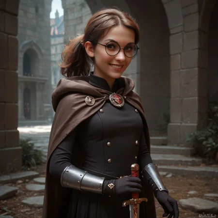 score_9, score_8_up, score_8, masterpiece, beautifu
Davidsm, glasses, brown hair, tied pigtail,cape,Fitted jacket, black gloves, evil smile, sword,  realistic,