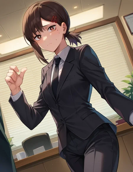 score_9, score_8_up, score_7_up, source_anime,
kobeni-higashiyama, <lora:kobeni-higashiyama-ponyxl-lora-nochekaiser:1>,
kobeni higashiyama, black hair, hair ornament, hairclip, mole, mole under eye, ponytail, short hair, brown eyes,
black necktie, black pants, business suit, formal, long sleeves, necktie, pants, suit,
indoors, office,
looking at viewer, cowboy shot, dutch angle, dynamic pose,