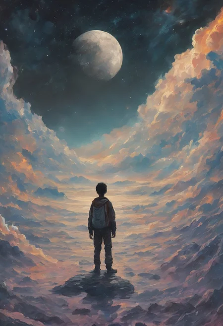 Hyper-detailed silhouette art, illustration of a little boy standing at the edge of the world looking out into the vast space, massive scale, moon, stars, planets, epic cinematography, with large visible brush strokes, astral patterns, starry night sky, style of Turner, Monet, Thomas Kinkade, brush strokes, oil painting, HDR, perfect composition, high contrast, atmospheric, moody, surrealism, volumetric lighting, volumetric shading, cosmic, sci-fi, candyland art, hyperrealistic hyperdetailed highly detailed, digital illustration, postmodernism, poster art, dynamic lighting, concept art, color depth, colorful background, intricate details, HDR, Salvador Dali matte background melting oil on canva