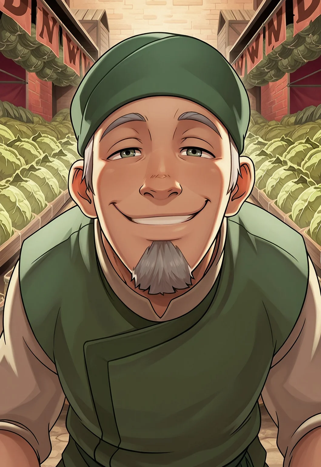 solo, masterpiece, detailed, ultra hd, best quality, 1boy, male, official art, w0lfc0nf, modern, new, masculine face, daddy looking face
AvatarCabbage, green headwear, grey hair, beard, green vest, headshot, market, looking at viewer, smiling, cabbages