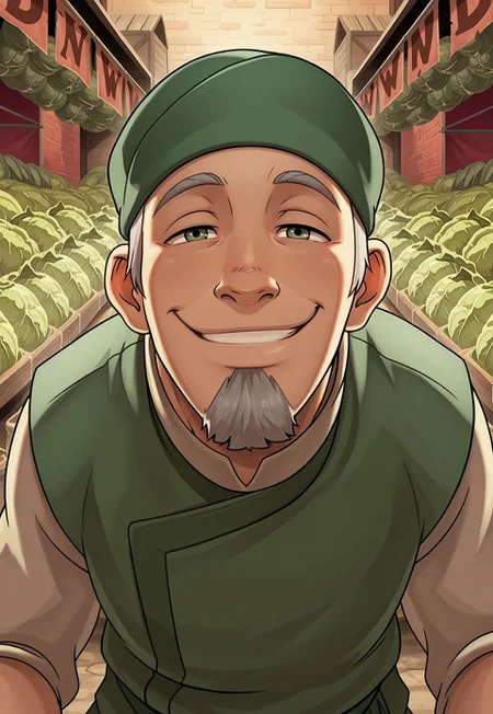 solo, masterpiece, detailed, ultra hd, best quality, 1boy, male, official art, w0lfc0nf, modern, new, masculine face, daddy looking face

AvatarCabbage, green headwear, grey hair, beard, green vest, headshot, market, looking at viewer, smiling, cabbages