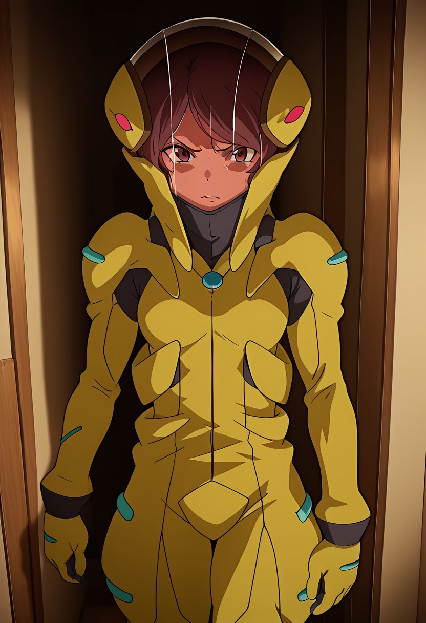 ((masterpiece, absurdres)), best quality, amazing quality, newest, anime coloring, very aesthetic, ray tracing, Smooth Quality, CG, ,Lessie Adonel ,pilot helmet, yellow pilotsuit,,indoor, at room ,,solo,pilotshoes