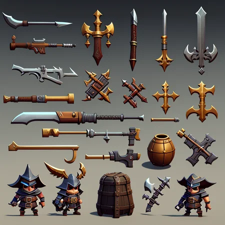 <lora:2dsprite:0.6> 2dsprite character weapons