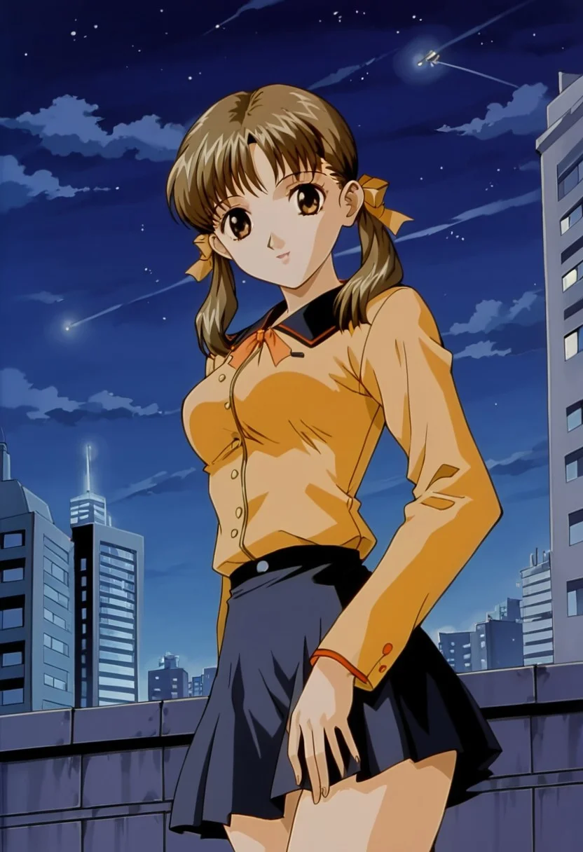 90s retro art style, bottom view, excellent quality, ultra detailed image, 1 girl, alone, cute face, brown hair, brown eyes, two pigtails, headband, ribbon in hair, medium breasts, short skirt, black skirt, tight, larex, black miniskirt, orange shirt, long sleeves, looking at viewer, cowboy photo, standing, outside, building rooftop, night, city lights