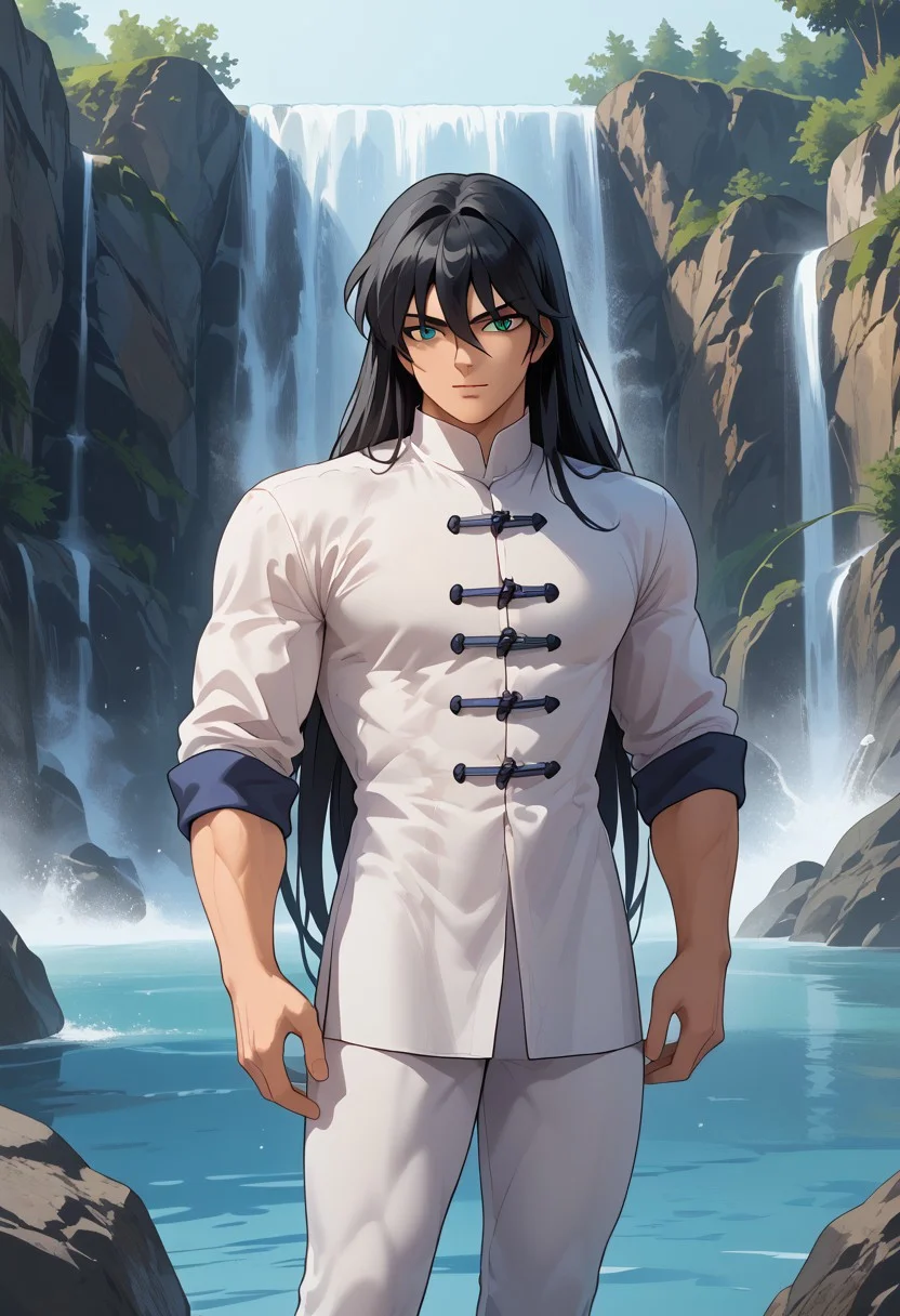 score_9, score_8_up, score_8, score_9, masterpiece, ultra high quality, hd render, male focus, Shiryu, long hair, black hair, bangs, long bangs, hair between eyes, grey green eyes, light skin, chinese boy, chinese clothes, white shirt, shirt with ties, long shirt, white pants, black footwear,
handsome boy, narrow features, muscular body, standing, dynamic pose, dynamic shot, looking at viewer, waterfall background, hd render, high quality,