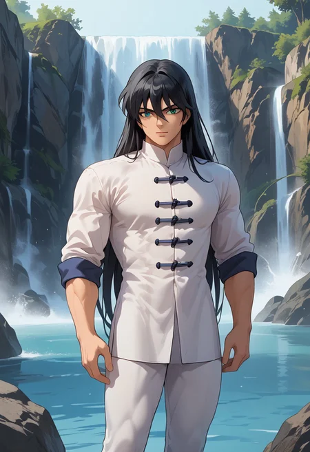 score_9, score_8_up, score_8, score_9, masterpiece, ultra high quality, hd render, male focus, Shiryu, long hair, black hair, bangs, long bangs, hair between eyes, grey green eyes, light skin, chinese boy, chinese clothes, white shirt, shirt with ties, long shirt, white pants, black footwear,
handsome boy, narrow features, muscular body, standing, dynamic pose, dynamic shot, looking at viewer, waterfall background, hd render, high quality,