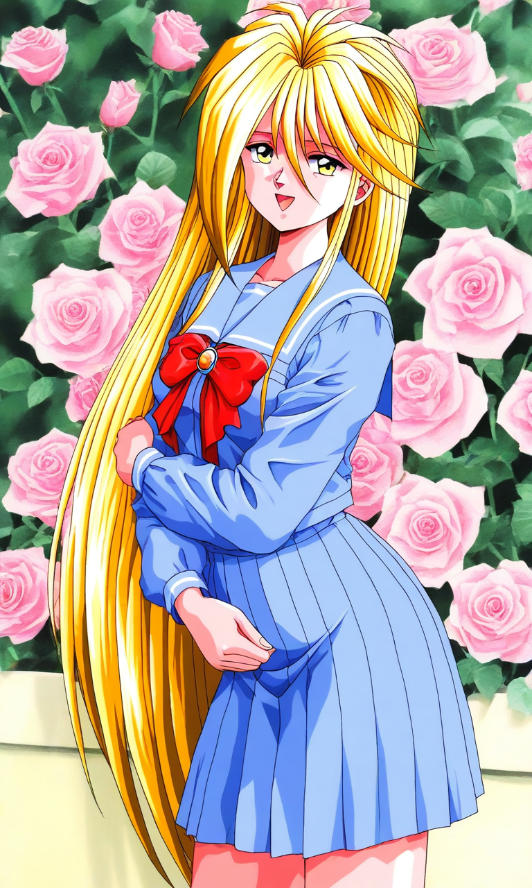 general,highres, ultra-detailed,very aesthetic,best quality ,best hands, BREAK <lora:Ijuuin_Rei_Tokimeki_Memorial_IS:1>
Ijuuin_Rei(Tokimeki_Memorial), 1girl, solo, blonde hair, yellow eyes, hair between eyes, breasts, 
school uniform,  long hair, skirt, serafuku, blue serafuku, pleated skirt, blue skirt, looking at viewer, very long hair, bow, long sleeves, 
blue sailor collar, smile, open mouth, flower, rose, shirt, 1990s (style), red bow,  blue shirt, standing, 
bowtie, blue sailor collar, pink rose, bangs,