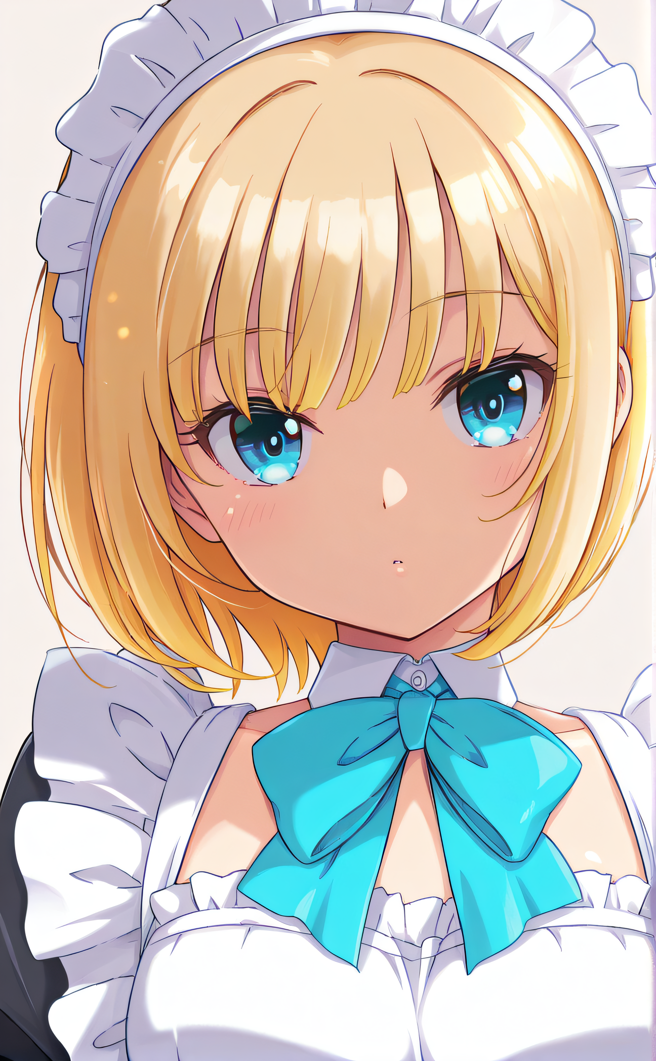 masterpiece, best quality, 1girl, solo, original artstyle, official artstyle, <lora:Chanatsu_Style:1>, chanatsustyle, blue eyes, blonde hair, solo, maid headdress, maid, bow, looking at viewer, blue bowtie, upper body, apron,  bangs, short hair, simple background