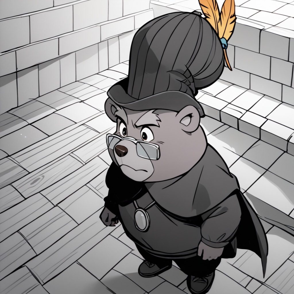 score_9, score_8_up, score_7_up, score_6_up, high quality, absurd res, best quality, zummigummixl, anthro, solo, bear, glasses, (pince-nez:1.1), hat with feather, tunic, cape, high-angle view, looking ahead, source_anime, manga, monochrome