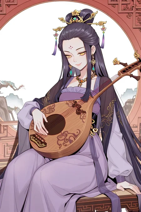 masterpiece, best quality, amazing quality,
 <lora:Girltrap_IL:1> strgrltrp, 1girl, instrument, chinese clothes, jewelry, earrings, yellow eyes, sitting, solo, playing instrument, hair ornament, black hair, hanfu, lute (instrument), dress, facial mark, smile, forehead mark
