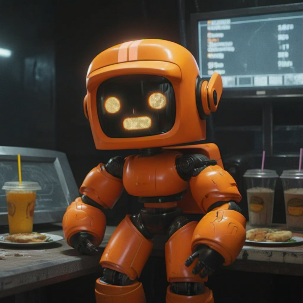 an orange robot, close up face portrait, fastfood, cyberpunk,  highly detailed,  photography, ultra sharp, film, professional, 64k  <lora:add-detail-xl:1.5> <lora:Orange Robot1024:0.7>