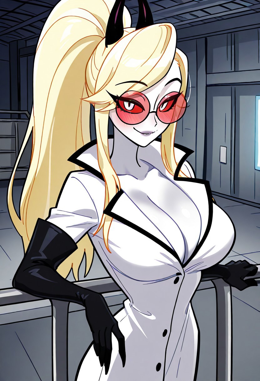 1girl, ng_deepnegative_v1_75t, easynegative, absurdres, detailed, masterpiece, bestquality, Odette Carmine, Blonde Hair, Ponytail, Long Hair, Horns, Demon Girl, Glasses, Tinted Eyewear, Red-Tinted Eyewear, Round Eyewear, Sunglasses, Red Eyes, Colored Sclera, Red Sclera, White Pupils, Colored Skin, Labcoat, Elbow Gloves, Black Gloves, big breasts, cleavage, warehouse, leaning against delivery cart, looking at viewer, smile, sexy pose, light blush, perfect hands