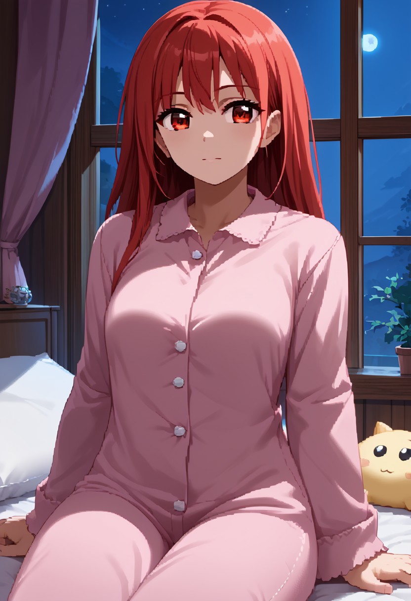 score_9,score_8_up,score_7_up,source_anime,5_figner,2d_animation,game cg,BREKE,1girl,solo,
gimmick girl,red hair,red eyes,bangs,long hair,
pink pajamas,
bad,pillow,room,window,curtain,night,
masterpiece,best qualit,ultra-detailed,illustration,an extremely delicate and beautiful,beautiful detailed eyes,unity 8k wallpaper,high resolution,anime CG,official_art,