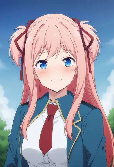 EBLilia, 1girl, solo, long hair, looking at viewer, blush, smile, blue eyes, shirt, ribbon, closed mouth, school uniform, jacket, hair ribbon, white shirt, upper body, pink hair, necktie, sky, red ribbon, two side up, blue jacket, red necktie,
 <lora:LiliaKudelfeyt-08:1>, <lora:xl_more_art-full_v1:0.8>
