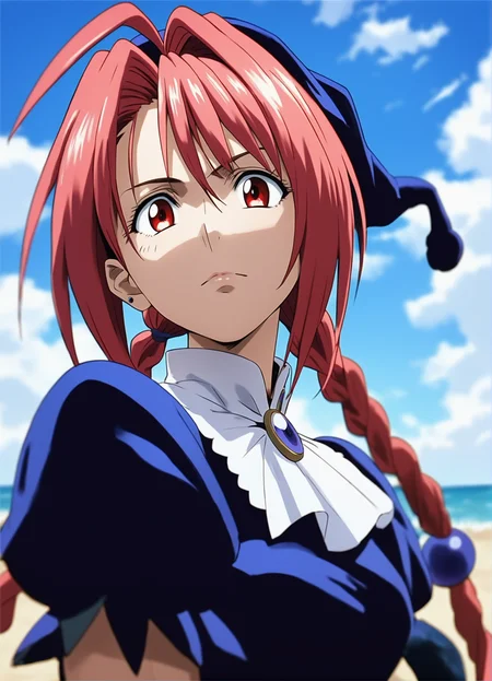 score_9,score_8_up,score_7_up,
<lora:dorothy>,doroshii,1girl,solo,
pale skin,red eyes,
long pink hair,ahoge,bangs,two braided pigtails,
black cap with ball on end,
black dress,short puffed sleeves,white collar,mail coach tie,dark purple jewel on tie,tight around torso,
looking at viewer,furrowed brow,piercing gaze and intense eyes,lips,closed mouth,facing viewer,
outdoors,blue sky,soft clouds drifting,summer,beach,
vignetting,blurry background,