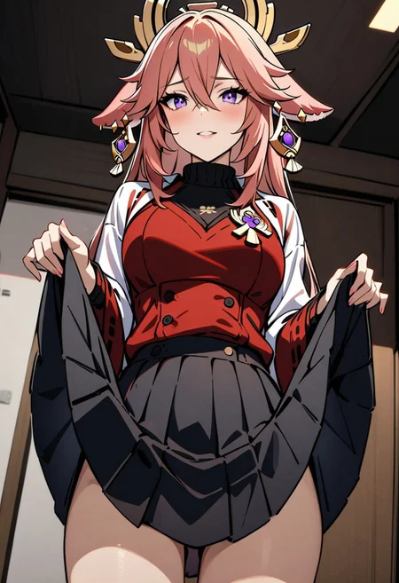 masterpiece, best quality, perfectly detailed, detailed face, detailed eyes, 1girl, Mature, complete clothes, BREAK,
Yae Miko \(Genshin Impact\), LIFT UP SKIRT, FROM BELOW, CURTSEY,
complex background, detailed background