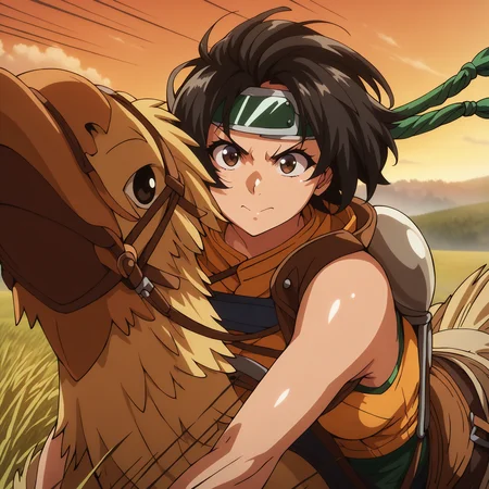 masterpiece, best quality, anime coloring, shiny skin, <lora:antechinusStyle_illusXL_Incrs_v2-000016:1>, 1girl,yuffie kisaragi,riding chocobo,wind,motion lines,bridle,saddle,speed lines,dynamic pose,sky,field