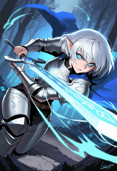 score_9, score_8_up, score_7_up, breathtaking, masterpiece, best quality, newest, absurdres, highres, embedding:lazypos, 1girl, solo, elf, long silver hair, glowing blue eyes, intricate silver armor, enchanted sword, battle-ready stance, flowing blue cape, delicate elven features, ornate pauldrons, magical runes, moonlit forest, mystical aura, soft ethereal glow, fantasy setting, detailed background, depth of field, dynamic pose, dramatic composition, foreshortening, detailed background, dynamic pose, dynamic composition,dutch angle, detailed backgroud,foreshortening,blurry edges, by saniiwan, by abbey and bear
