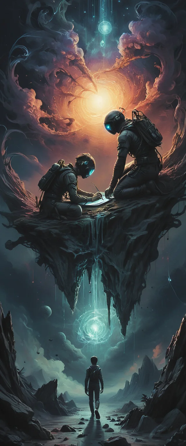 two Nebula surfers writing, Ethereal webs of thought-sensitive threads, <lora:SDXL_DFxnk_design:0.8> DFxnk design, <lora:XSfenlie:0.3> fenliexl, <lora:add-detail-xl:2>