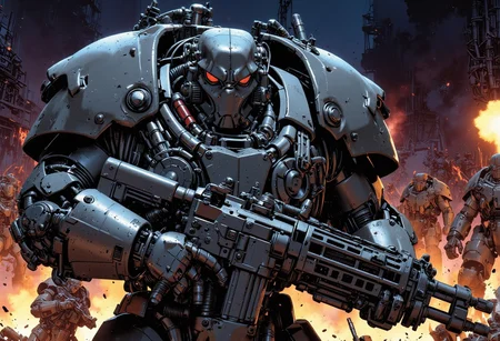The man is a heavily armored warrior in futuristic black power armor stands confidently, wielding a massive gun with intricate details. The armor is bulky, with reinforced plating, large shoulder pads, and complex mechanical joints. The helmet has a slit like visor and built from multiple triangular metallic elements, giving the character a rugged, battle-hardened look. The gun features are visible wiring and mechanical components, emphasizing its powerful nature. The character exudes strength and resilience, with an imposing and intimidating stance. He is in a massive fight against monsters with a futuristic rifle. ultra realistic, masterpiece, high detailed skin. We are in a battlefield, explosions everywhere, soldiers fighting. It is nighttime