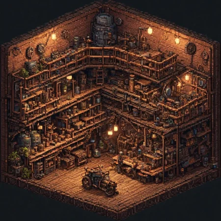 high detail, high quality, dramatic lighting, SFW, PG, detailed background, masterpiece, Graphic details, perfect design, Pixel_Art, Sprite, pixelart, game asset,isometric view, night, rain, steampunk workshop made of gears and copper pipes, jungle, steam coming form pipes
