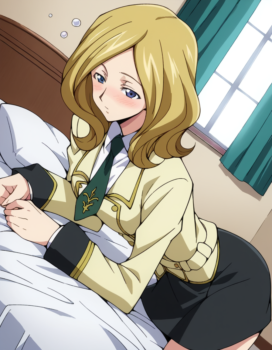 score_9, score_8_up, score_7_up, source_anime,
millyashford, <lora:milly-ashford-s1-ponyxl-lora-nochekaiser:1>,
milly ashford, long hair, blue eyes, blonde hair,
ashford academy school uniform, buttons, long sleeves, necktie, school uniform, skirt, black skirt,
indoors, bed, bed room, on side, blush, drunk,
looking at viewer, dutch angle, cowboy shot, solo,