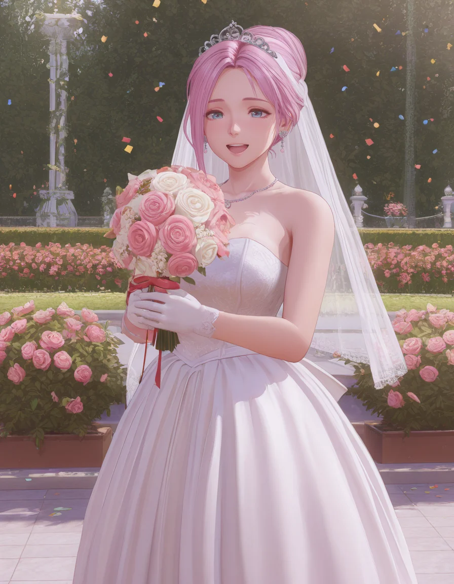 tiara, veil, wedding dress, white gloves, white dress, garden, standing, cowboy shot, holding bouquet, smile, open mouth, confetti, <lora:Elise_vvp_lcd_v0.4:1> elivevvplcd, blue eyes, asymmetrical hair, hair bun, earrings,
masterpiece, best quality, amazing quality,