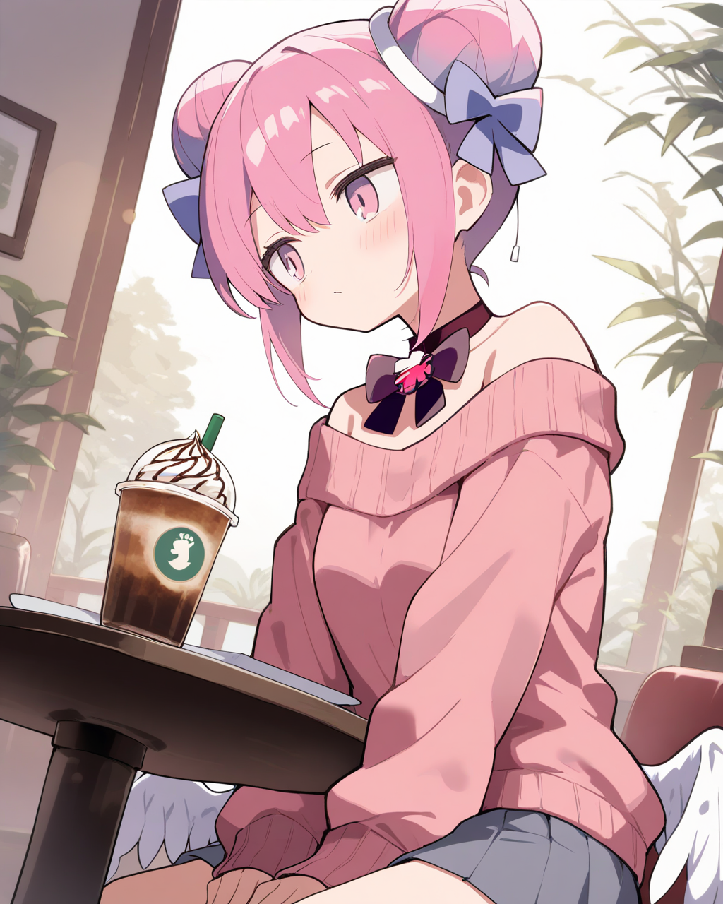 1girl, DadadadaTenshiMusicVideo, 
safe, solo, dutch angle, upper body,
double bun, sitting, caffe,
bow choker, black bowtie, gem, off-shoulder sweater,
pink sweater, long sleeves, sleeves past wrists,
puffy sleeves, low wings, miniskirt, grey skirt,
indoors, caffe, table,
<lora:kp_DadadadaTenshiMusicVideoAnimagineXL_v1_1:1.0>,
masterpiece, high score, great score, absurdres