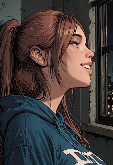 (masterpiece), side view, (ultra-detailed, 8k, gritty cinematic style), mid shot, male pov (best quality), (ultra-detailed), noise effect. chromatic aberration, BREAK 1 girl, brown hair, very long hair, perfect mouth, hoodie, blue hoodie , hoodie down ,eyes at viewer, large breasts, portrait, lean on bedroom wall, cheeks flushed, happy, mouth closed, horny, profile face
BREAK bedroom, night, Window, city at night
,