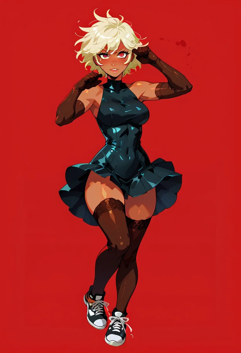 score_9, score_8_up, score_7_up, score_6_up, score_5_up, score_4_up, sexy girl, solo female, 29 years old, score_9,score_8_up,score_7_up,score_6_up, red background, simple background, full body shot,
cute woman, leotard, skirt, sneakers, jewelry, dark skin, taimanin, elbow gloves, thigh highs, shiny body, fighting stance