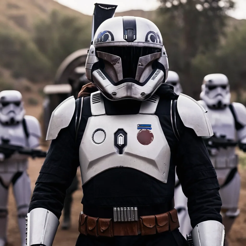 cinematic film still of <lora:star wars style v2:0.8>
<lora:detailed:0.4> detailed
<lora:perfection style:0.4> perfect
<lora:PerfectEyesXL:0.5>
<lora:Chiaroscuro Lighting Style:0.3>
In Star Wars Fictional universe Imperial Elite Commandos 1 a man in a helmet and a helmet with a sword,solo,1boy,upper body,armor,military,no humans,helmet,robot,mecha,science fiction,realistic,emblem,power armor , cinematic, film, detailed background, motion picture style, different style, different people, space opera, realistic, sci fi style, cinematic light, dramatic light, perfect color, perfect scene, star wars style, shallow depth of field, vignette, highly detailed, high budget, bokeh, cinemascope, moody, epic, gorgeous, film grain, grainy