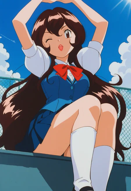 score_9, score_8_up, score_7_up, score_6_up, source_anime, <lora:PMGiselle:0.8>, PMGiselle, 1girl, very long hair, brown hair, hair between eyes, bangs, brown eyes, lipstick, breasts,
school uniform, puffy short sleeves, white kneehighs, red bowtie, white shirt, blue vest, blue skirt, pleated skirt, black shoes,
arms up, one eye closed, open mouth, looking at viewer, 
BREAK school, blue sky, day, outdoors, sunlight,